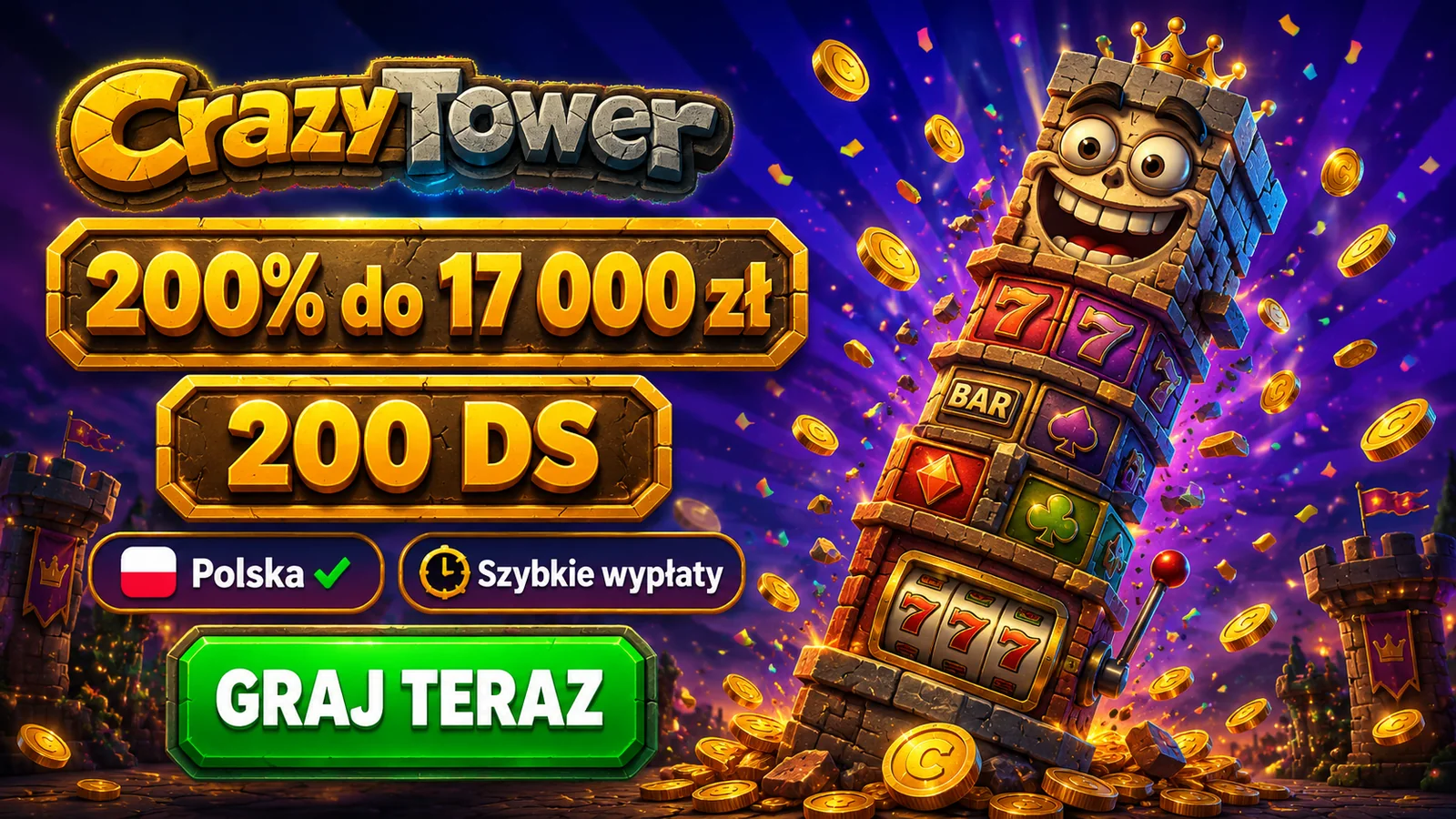 CrazyTower Casino — bonus 200% do 17 000 zł i 200 darmowych spinów
